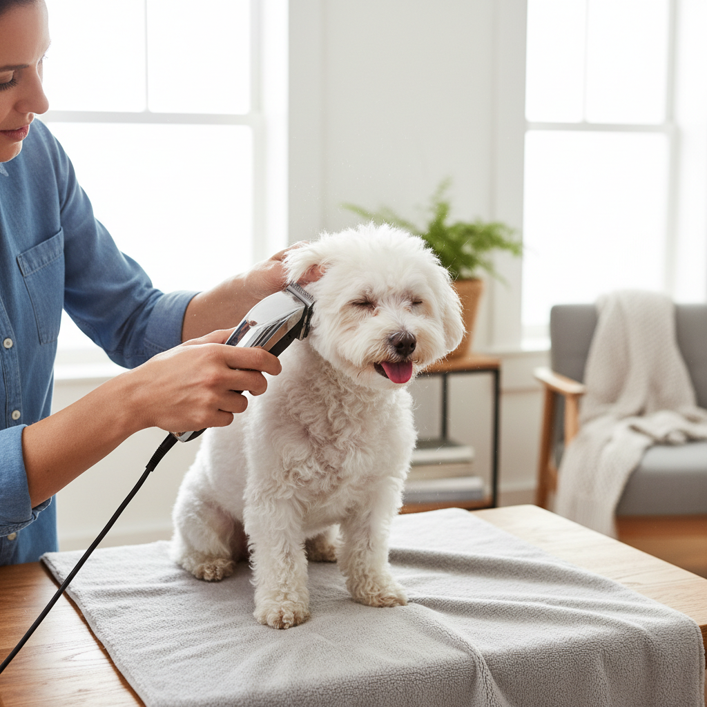 Dog being groomed with electric hair clipper