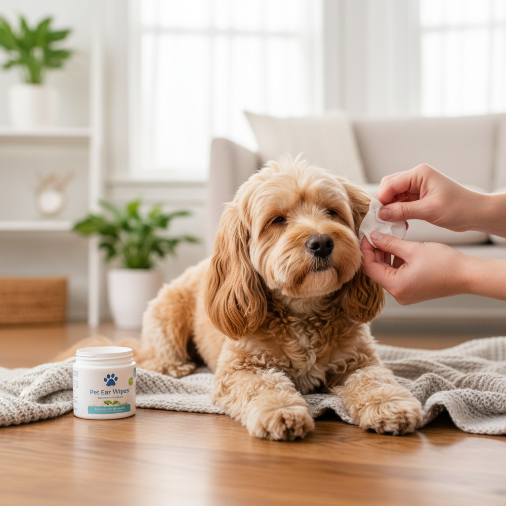Dog having ears cleaned with wipes