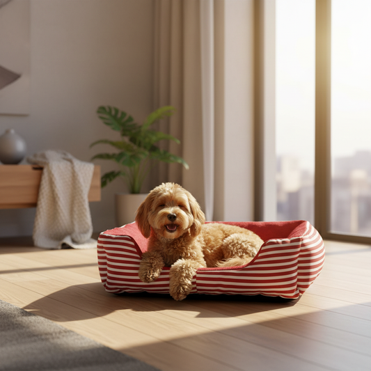 Dog relaxing in red striped luxury pet bed in modern home