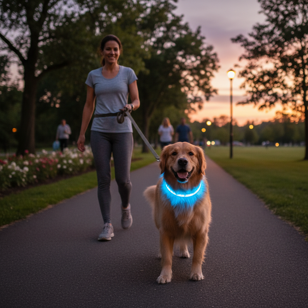 Dog wearing glowing LED collar during evening walk