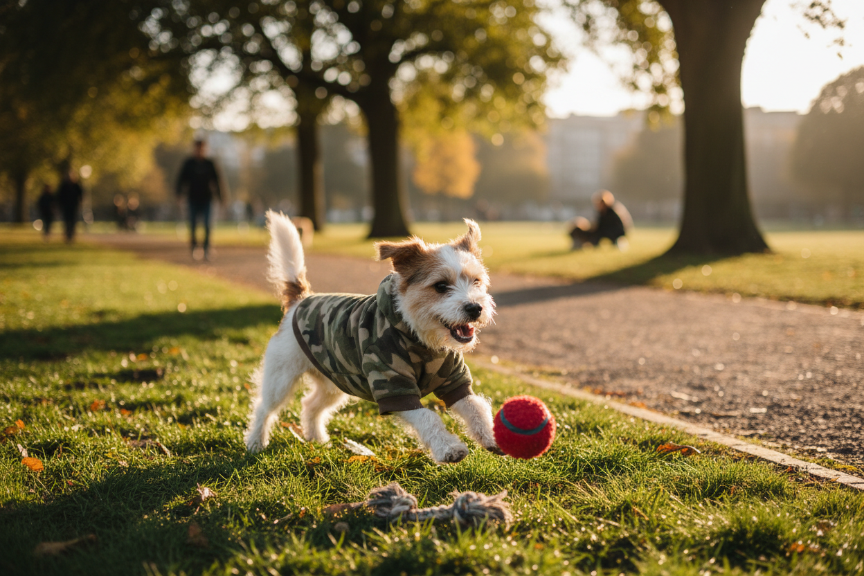 Happy dog wearing camouflage pet hoodie playing in park