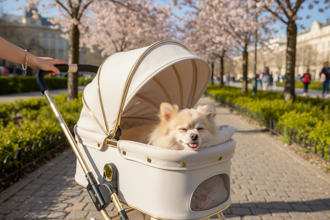 Pampered dog relaxing in luxury pet stroller during outdoor walk