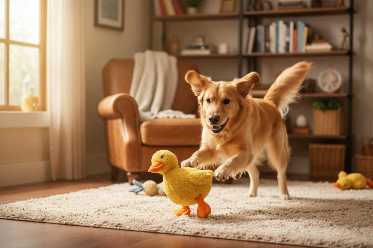Playful dog having fun with plush duck toy at home