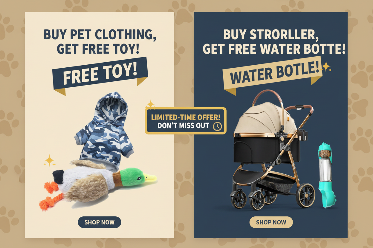 Promotional banner for pet store homepage featuring buy clothing get free toy and buy stroller get free water bottle offers