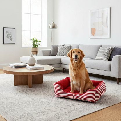 Red striped luxury pet bed as elegant furniture in living room